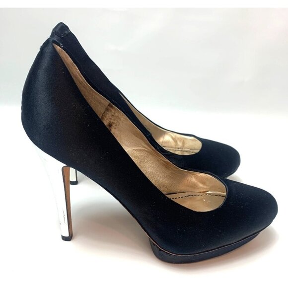 ABS Allen Schwartz Black Satin Atlas Platform Heels Size 8 - Picture 1 of 15